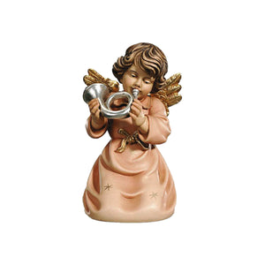 Kneeling Angel playing a French horn. His golden wings match the pink dress with small golden stars and a golden bow.