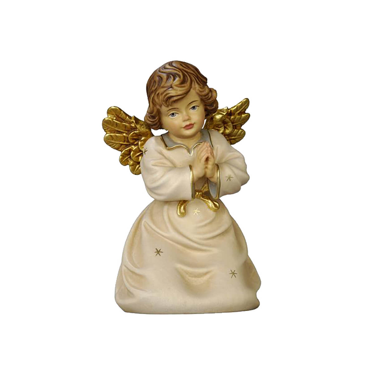 Kneeling Engle with hands folded in prayer. His golden wings match the white dress with small golden stars and a golden bow.