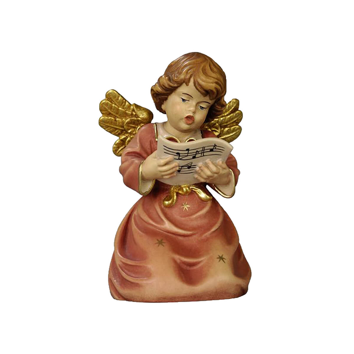 Kneeling Engle singing and holding sheet music. The golden wings match the light red dress with small golden stars and a golden bow.