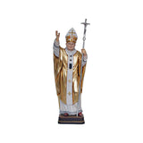 Sculpted wooden statue of Pope St. John Paul II, dressed in gold and white robes, holding a Papal crucifix.