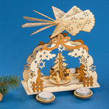 This wooden Pfaff Christmas pyramid is 8.5 inches tall and holds 2 tealight candles on the two long sides of its rectangular base. Two laser-cut natural wood-colored arches are decorated with star cut-outs and a darker stained wood bow at the top. The round spinning platform in the center of the base features a Christmas tree and four angels with various instruments. The propeller at the very top has blades decorated with star patterns.