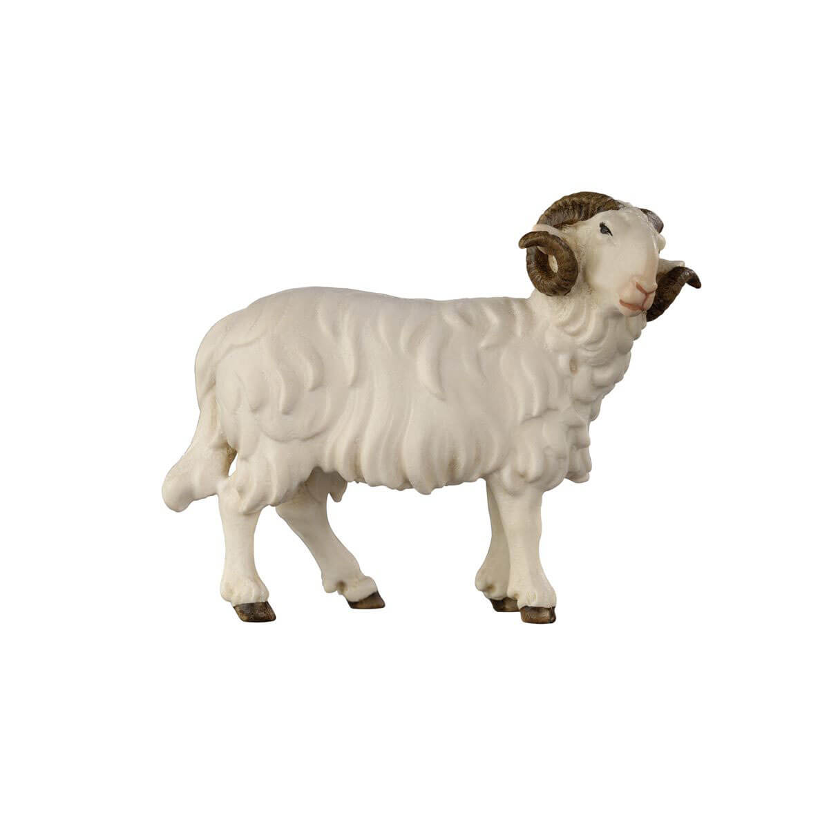 Adorn your holiday décor with this traditional PEMA Kostner Nativity. Each piece is meticulously hand-carved from wood and hand-painted. This standing white ram with dark curled horns is looking to the right. This classic design is sure to add a touch of beauty to your display.