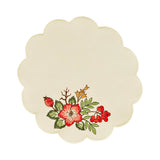 Round white table linen with scalloped edges, and a design of red and yellow fall flowers and fruit.