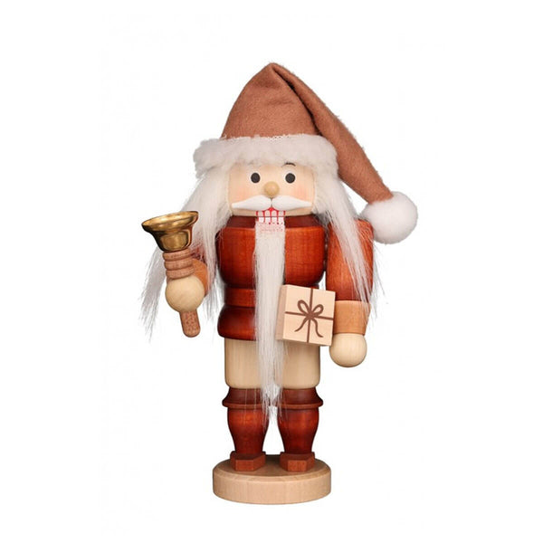 Handcrafted Christian Ulbricht smoker featuring Santa in natural tones, holding a bell and a gift, with a long beard and a fur-trimmed hat.
