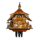 8-Day Chalet August Schwer Black Forest coocoo clock. A fenced-in cross sits on the left corner of the base next to a tree. Stairs lead up to the living area. A Black Forest lady pulls on the rope ringing the bell of the steeple on top of the shingled roof. There is a ladder leaning against the façade. A water pump and trough and a wooden handcart are below the clock dial. A girl pets a little pony in the paddock, another frolics about. Dancers spin on the upper balcony.