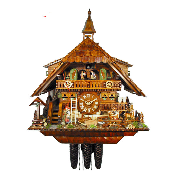8-Day Chalet August Schwer Black Forest coocoo clock. A fenced-in cross sits on the left corner of the base next to a tree. Stairs lead up to the living area. A Black Forest lady pulls on the rope ringing the bell of the steeple on top of the shingled roof. There is a ladder leaning against the façade. A water pump and trough and a wooden handcart are below the clock dial. A girl pets a little pony in the paddock, another frolics about. Dancers spin on the upper balcony.