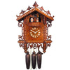 8-Day Station House Cuckoo Clock featuring intricate wine vine decorations, a cuckoo bird perched on a balcony, and spinning dancers in traditional Black Forest attire, set against a simple yet elegant design.