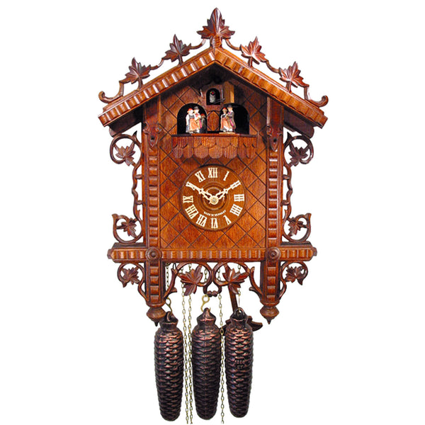 8-Day Station House Cuckoo Clock featuring intricate wine vine decorations, a cuckoo bird perched on a balcony, and spinning dancers in traditional Black Forest attire, set against a simple yet elegant design.