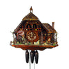 8-Day Chalet August Schwer Black Forest coocoo clock. The solid wood clock features a rustic wooded farm with a steeple on the shingled roof. A clock peddler with an umbrella stands beside a water wheel on the right. A boy carrying his lunch bundle on a stick on the right. The farm is surrounded by green evergreens of various heights and tree trunks. There is a wooden bench, fences, logs, a water trough and pebbles and foliage. Dancers spin on the rustic balcony. 