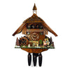 8-Day Chalet August Schwer Black Forest coocoo clock. The solid wood clock with a stone base and wooden upper part features a large, fenced-in water wheel. A cat is sitting by the fence, a wood pile is stacked underneath the dial.  A woman holding a kitten in her lap and a man with an accordion sit on the bench, sharing a kiss when the music plays. Dancers spin on the balcony. There is a steeple with a mini bell on top of the shingled roof.