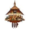 8-Day Chalet August Schwer Black Forest coocoo clock. The solid wood clock features a busy German farmhouse with a steeple on a shingled roof. A water wheel spins by green trees on the left, a farmer is smoking his pipe next to his German shepherd. A hutch houses bunnies spinning around. A rooster stands next to a large pile of logs. Two pigs are on the right and a boy pulls one out of the pen. A farmhand is perched on a ladder on the side. Dancers spin on top of the ornate light balcony.