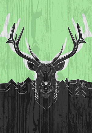 Contemporary black stag head,  lower part of background is symbolized black forest  while upper part is green sky. Wood grain visible through entire picture. 