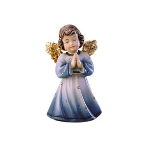 Sculpted wooden Sissi Angel in a dark blue dress with golden wings, with their hands folded in prayer.