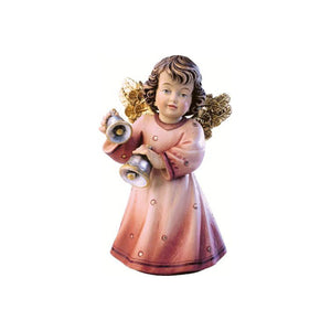 Sculpted wooden Sissi Angel figurine in pink dress with golden wings, ringing a bell in each hand.