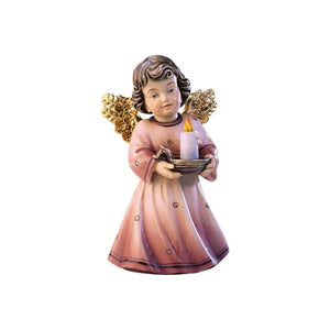 Sculpted wooden Sissi Angel figurine in pink dress with golden wings, holding a candle.