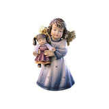 Sculpted wooden Sissi Angel figurine with golden wings in a blue dress, holding a toy doll.