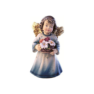 Sculpted wooden Sissi Angel figurine with golden wings and in a blue dress, holding a basket full of different flowers.