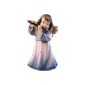 Sculpted wooden Sissi Angel figurine with golden wings in a blue dress, playing a flute.