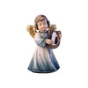 Sculpted wooden Sissi Angel figurine with golden wings in a blue dress, playing a lyre.