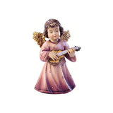 Sculpted wooden Sissi Angel figurine with golden wings in a pink dress, playing a mandolin.