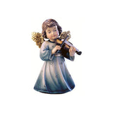 Sculpted wooden Sissi Angel figurine with golden wings in a blue dress, playing a violin.