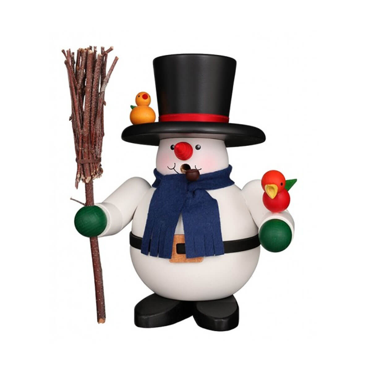 Handcrafted German smoker snowman with a black top hat, blue scarf, green mittens, a rustic broom, and two colorful birds perched on his hat and arm.