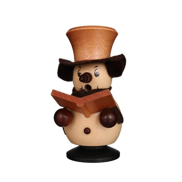 Handcrafted German smoker snowman in natural brown tones, wearing a top hat, scarf, and earmuffs, singing with an open songbook.