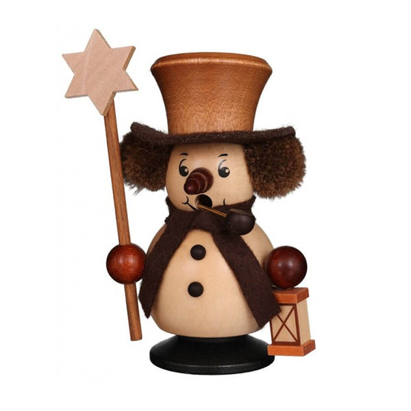 Handcrafted German smoker snowman in natural wood tones, wearing a top hat and earmuffs, holding a lantern in one hand and a star on a staff in the other.