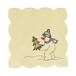 Square white table linen with scalloped edges, and a design of a snowman holding a Christmas tree in the corner.