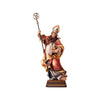 Sculpted wooden statue of St. Albert standing atop a book and holding a very large quill pen in the form of a staff with a silver leaf design at its top.