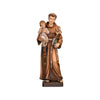 Sculpted wooden statue of St. Anthony dressed in monk robes, holding an infant boy in one hand, and a Bible and arrangement of flowers in the other.