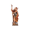 Sculpted wooden statue of St. Christopher holding a wooden walking stick and flowing robes, with an infant sitting atop his shoulder.