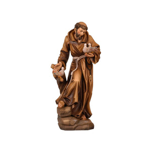 Sculpted wooden statue of St Francis, attired in monk's robes and holding doves in his hand.