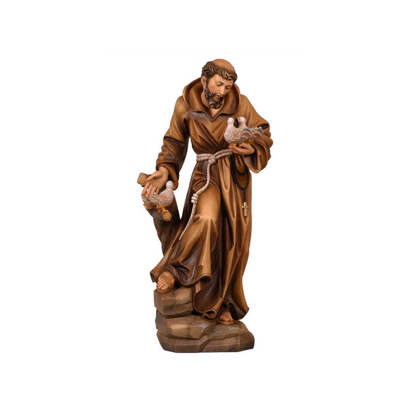 Sculpted wooden statue of St Francis, attired in monk's robes and holding doves in his hand.