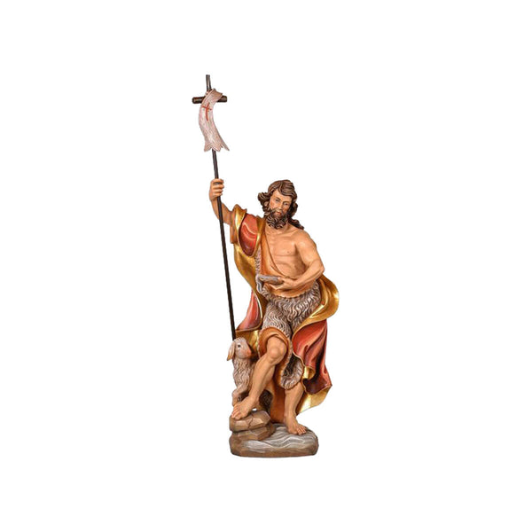 Sculpted wooden statue of St. John, dressed in flowing robes and wool, holding a staff with a flag of a crucifix atop. A lamb stands alongside of him.
