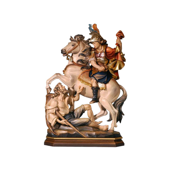 Sculpted wooden statue of St. Martin, outfitted in Roman military attire, riding atop a rearing horse. Using his sword, St. Martin cuts off part of his cloak to help clothe a poor beggar lying on the ground next to him.