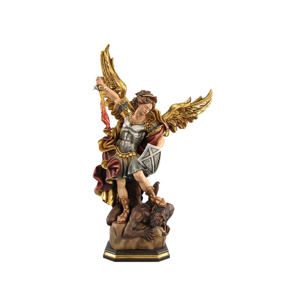 Sculpted wooden statue of the archangel St. Michael in ancient military armor and robes. He has a foot placed atop the head of Satan, while holding a shield in one hand, and a sword of flame in the other.