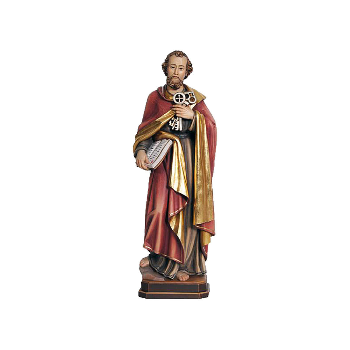 Sculpted wooden statue of St. Peter, dressed in flowing robes, and holding a book in one hand, and large keys in the other.