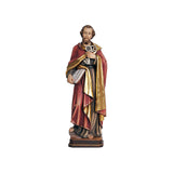 Sculpted wooden statue of St. Peter, dressed in flowing robes, and holding a book in one hand, and large keys in the other.