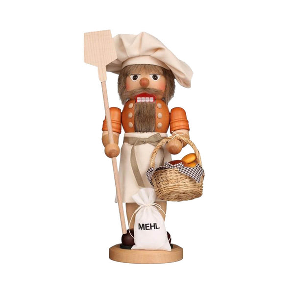 Handcrafted Nutcracker Baker by Ulbricht holding a bread pusher and basket of baked goods, standing 15.4 inches tall, made in Germany's Erzgebirge region.