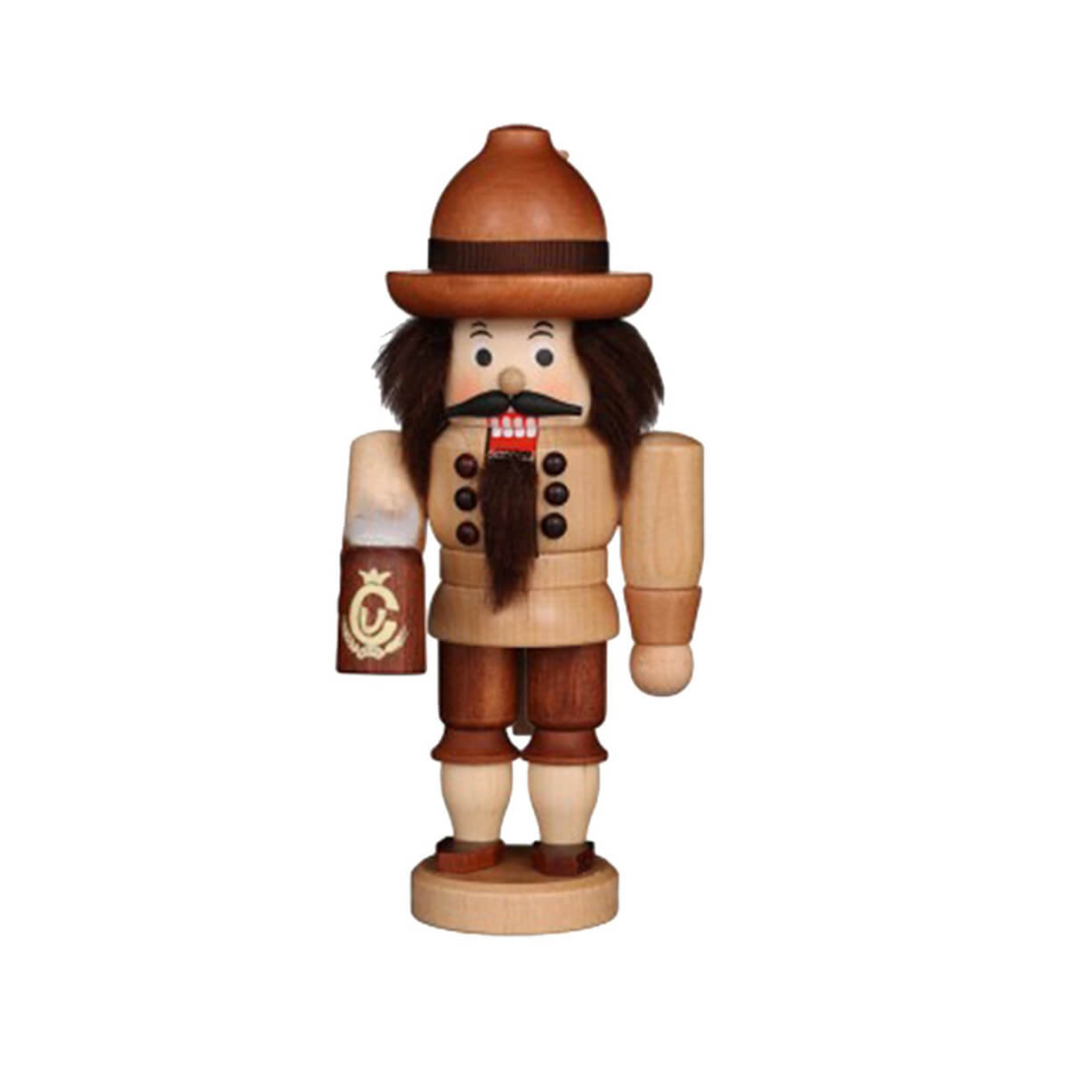 Handcrafted Bavarian nutcracker in brown tones, black beard, and hair, holding a beer stein, made in Germany’s Erzgebirge region, 6.5 inches tall.