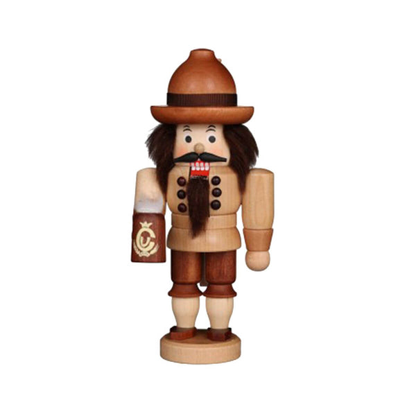 Handcrafted Bavarian nutcracker in brown tones, black beard, and hair, holding a beer stein, made in Germany’s Erzgebirge region, 6.5 inches tall.