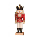 King nutcracker in red attire, wearing a crown and holding a golden scepter.