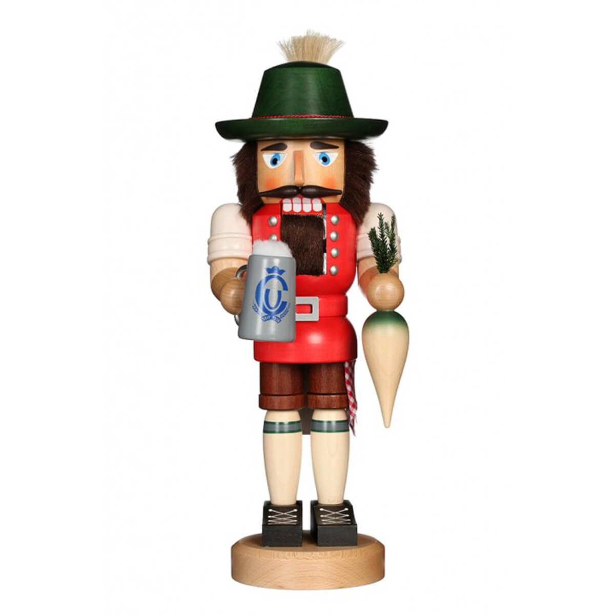 Handcrafted Nutcracker Bavarian by Ulbricht wearing a traditional Bavarian outfit with a green hat, red jacket, lederhosen, holding a beer stein and a radish.