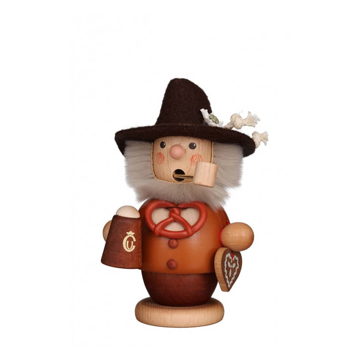 Bavarian Man smoker with a pretzel tied to his shirt, and holding a stein of beer and a gingerbread heart.
