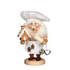 Dwarf Confectioner smoker, wearing a baker's hat, and an apron with gingerbread men on it. He holds cookie cutters, a rolling pin, and a gingerbread house.