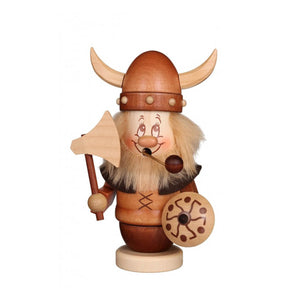 Dwarf Viking smoker wearing a Viking helmet, and holding an axe and shield.