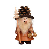 Fir Cone Man smoker, with a pinecone hat, holding a bundle of pinecones, and a staff with a miniature tree carved on top.
