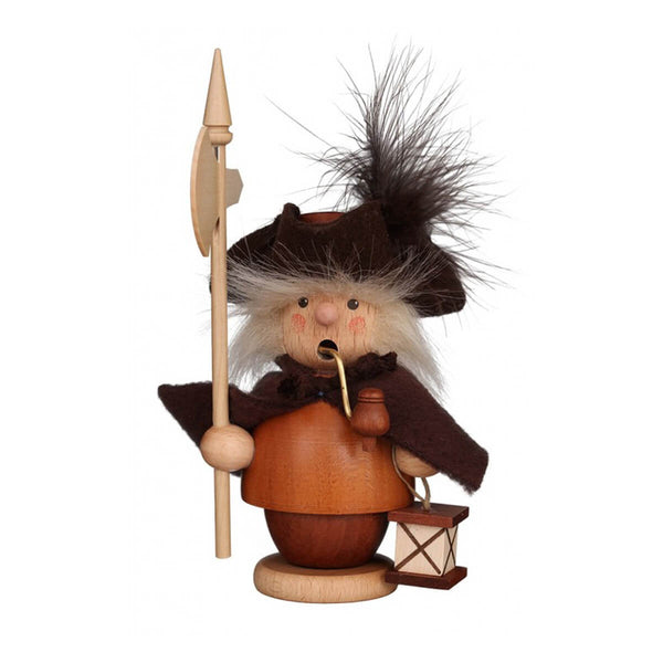 Night watchman smoker, wearing a cloak and feathered hat, and holding a lantern and halberd.