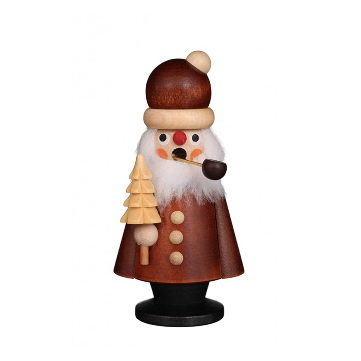 Santa smoker with a rounded hat and pipe, holding a miniature natural tree.